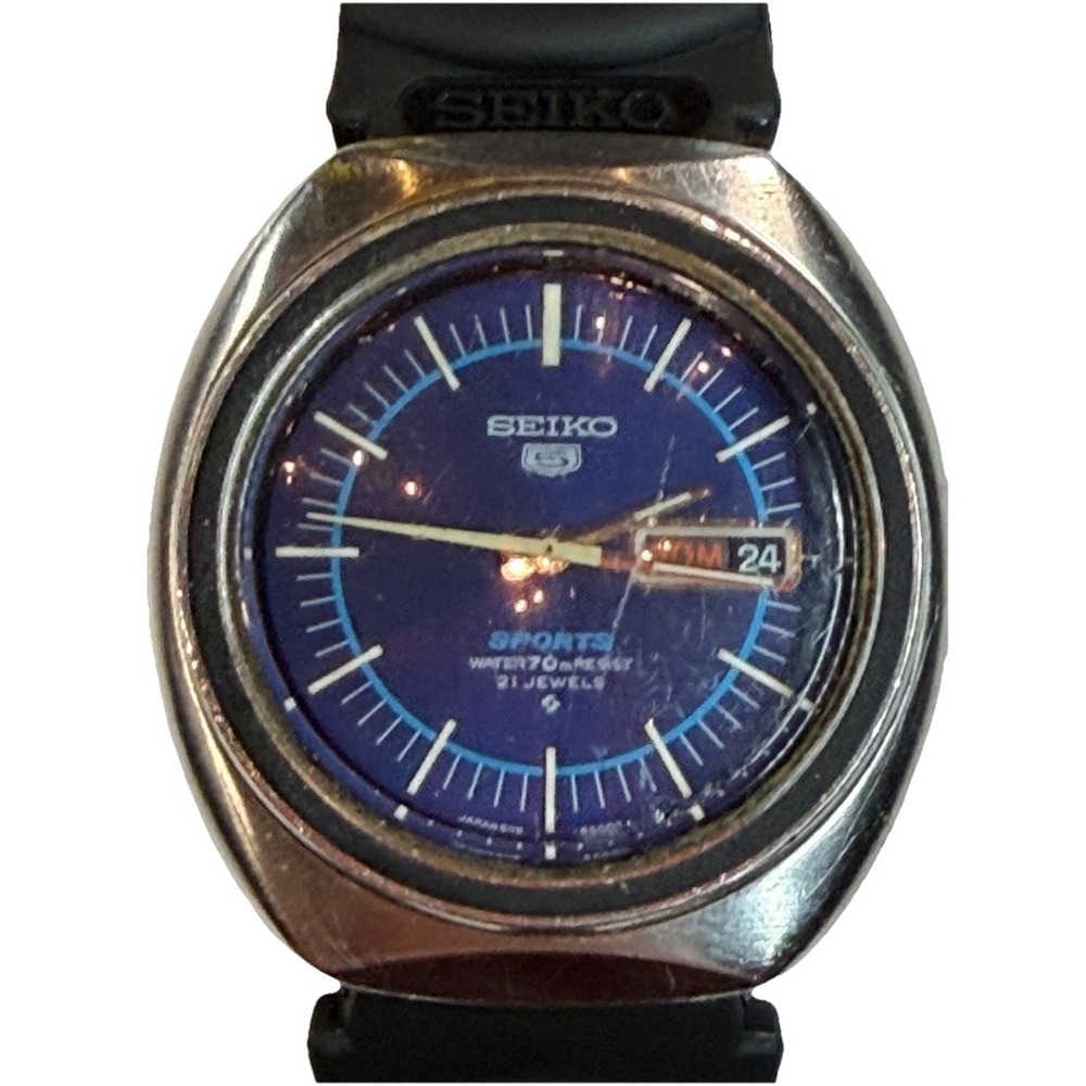 Vintage Seiko 5 Sports 6119-8450 Automatic Blue Dial 21J Runs Original New Strap - Picture 5 of 10